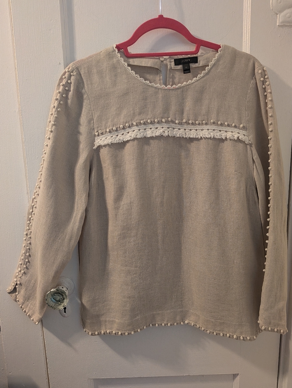 J. Crew 100% Linen Oatmeal Blouse Embroidered Pom Pom Details - Size 10